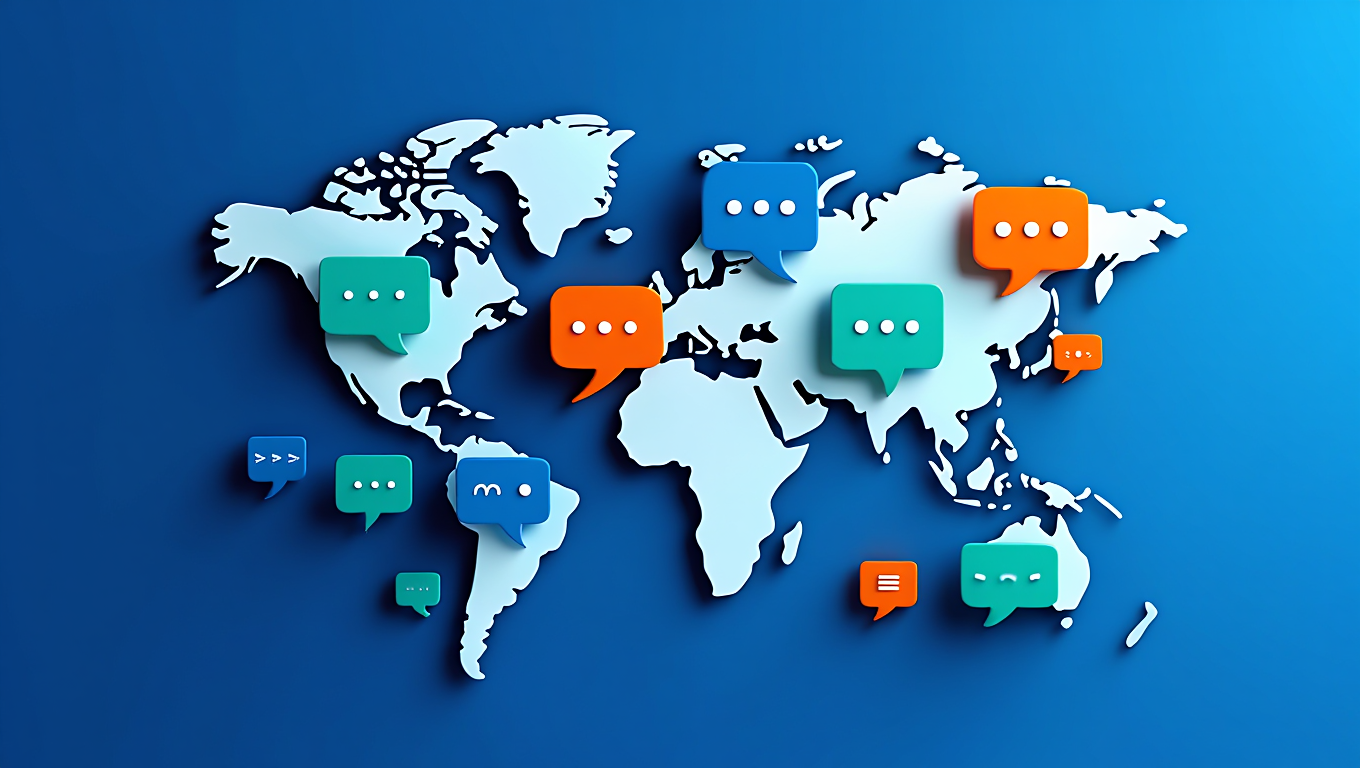 Mapa mundial con burbujas de diálogo multilingüe